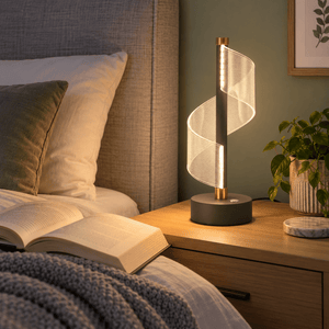 Oh My! Grey LED Table Lamp lifestyle: Bedside reading nook with grey-and-gold lamp