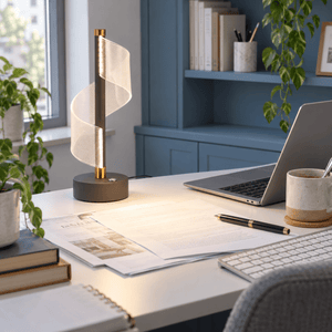 Oh My! Grey LED Table Lamp lifestyle: Home office desk with lamp aimed at papers