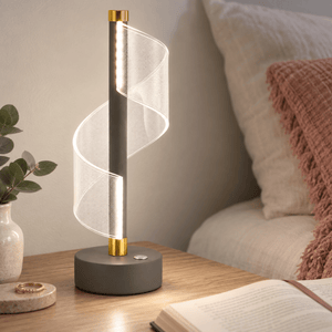 Oh My! Grey LED Table Lamp lifestyle: Tight bedside detail: diffuser glow and base contact
