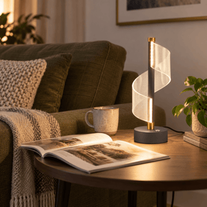 Oh My! Grey LED Table Lamp lifestyle: Living room side table with evening accent task light
