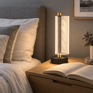 Oh Really! Grey LED Table Lamp lifestyle image: Bedside reading nook with muted grey wall