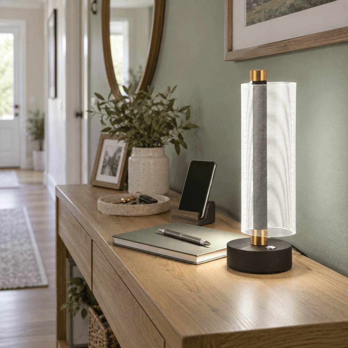 Oh Really! Grey LED Table Lamp lifestyle image: Bright daytime hallway console with laptop docking (lamp as accent task)