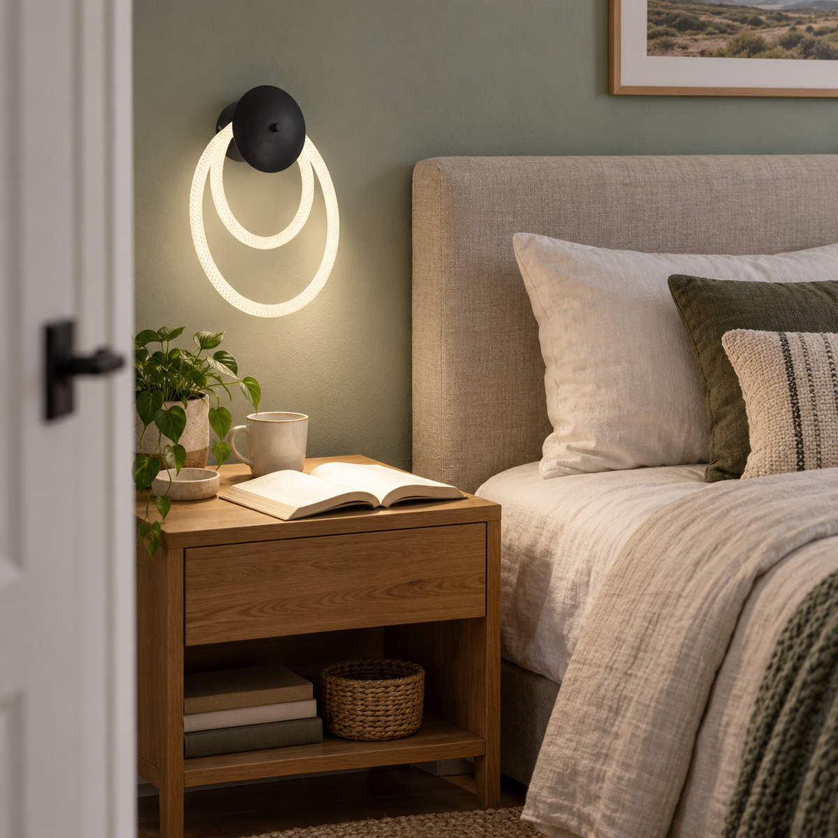 Pana Woven Flex LED Wall Light lifestyle: Bedside reading nook with directed flex head