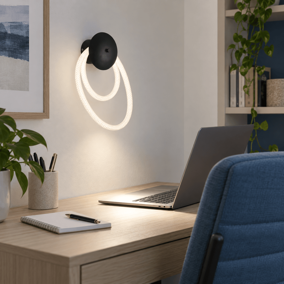 Pana Woven Flex LED Wall Light lifestyle: Contemporary home office desk with focused task spot