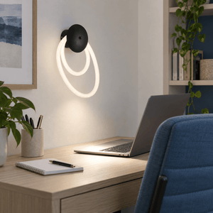 Pana Woven Flex LED Wall Light lifestyle: Contemporary home office desk with focused task spot