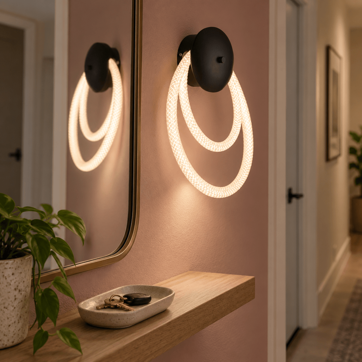 Pana Woven Flex LED Wall Light lifestyle: Ceiling height not needed: close detail of mounting and flex head aim near a hallway mirror