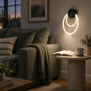 Pana Woven Flex LED Wall Light lifestyle: Evening living room sofa reading corner with wall task glow on side table