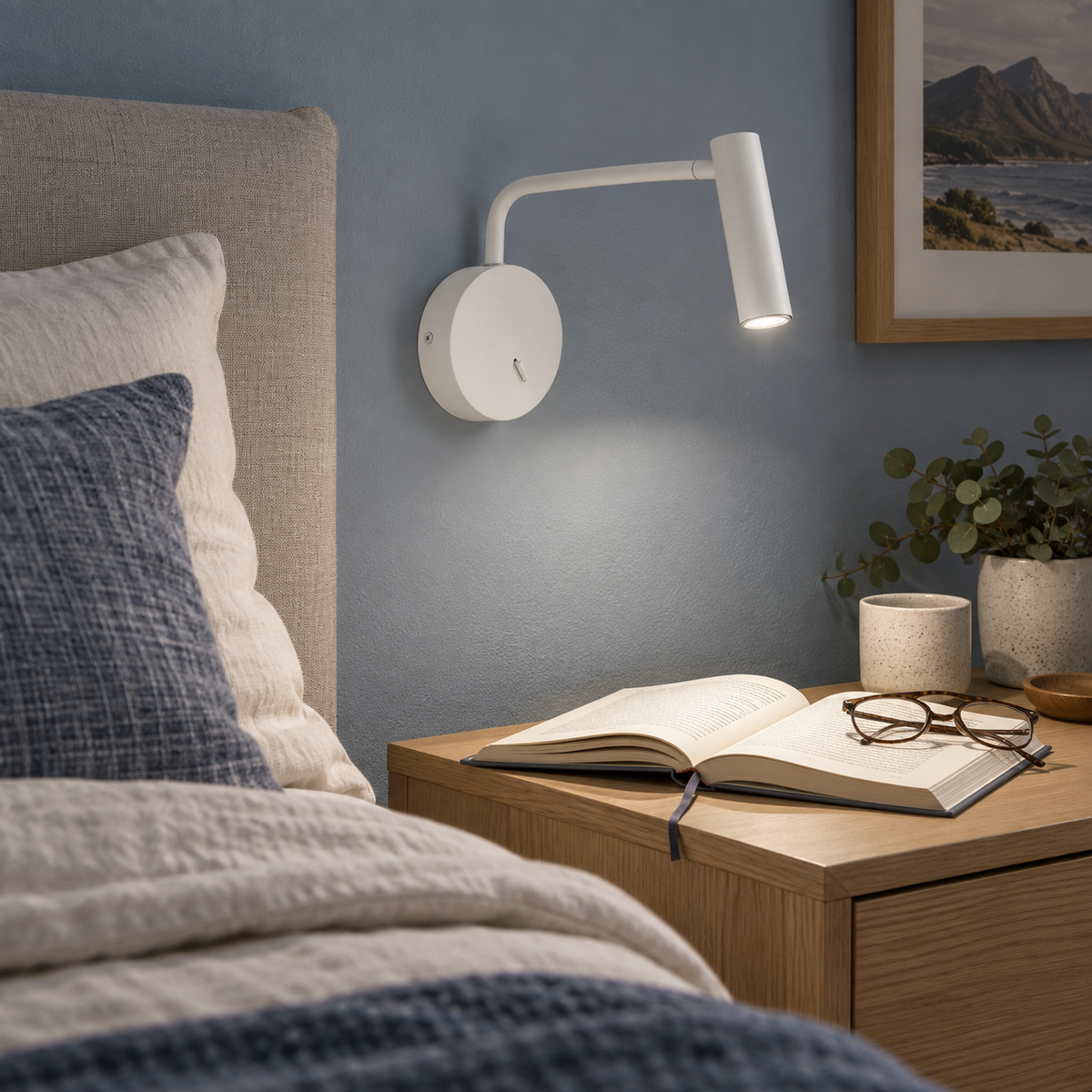 Minine Sand White LED Wall Light lifestyle: Bedside reading corner with sand-white wall light