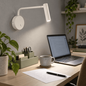 Minine Sand White LED Wall Light lifestyle: Home office desk work with lamp aimed at keyboard