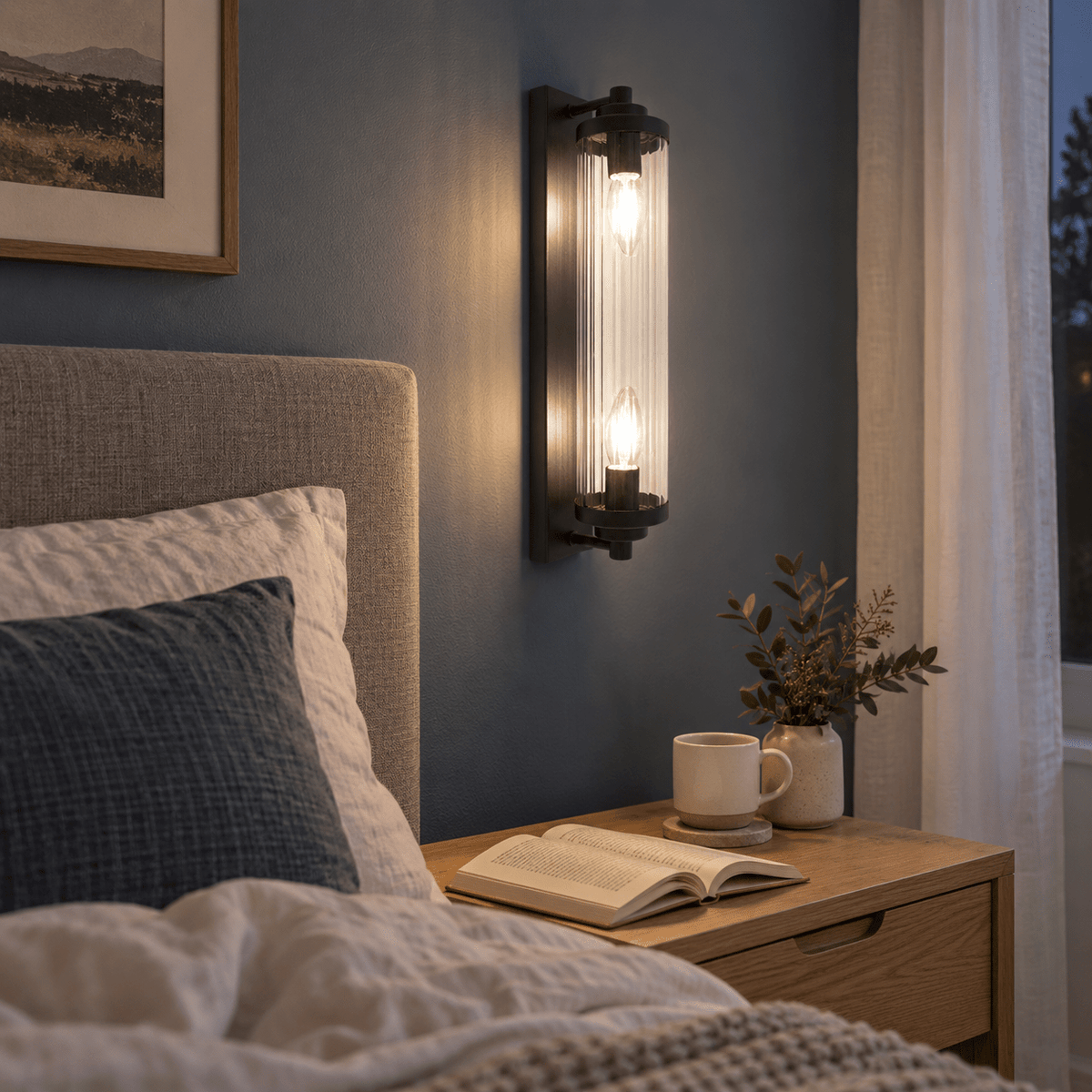 Ming Black Wall Light lifestyle: Bedside accent on a muted bedroom wall