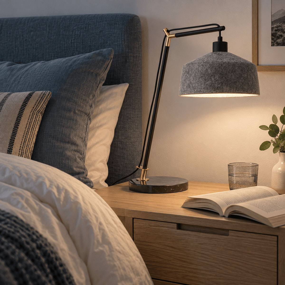 Moonwalker Marble & Felt Table Lamp lifestyle image: Beside-bed wind-down on a muted grey nightstand