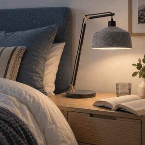Moonwalker Marble & Felt Table Lamp lifestyle image: Beside-bed wind-down on a muted grey nightstand