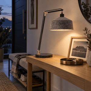 Moonwalker Marble & Felt Table Lamp lifestyle image: Entryway console glow near a minimal shoe bench