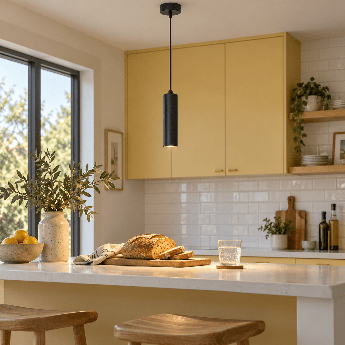 Pinkie Black Flute Pendant Light lifestyle: Feature pendant over a breakfast counter, bright daytime