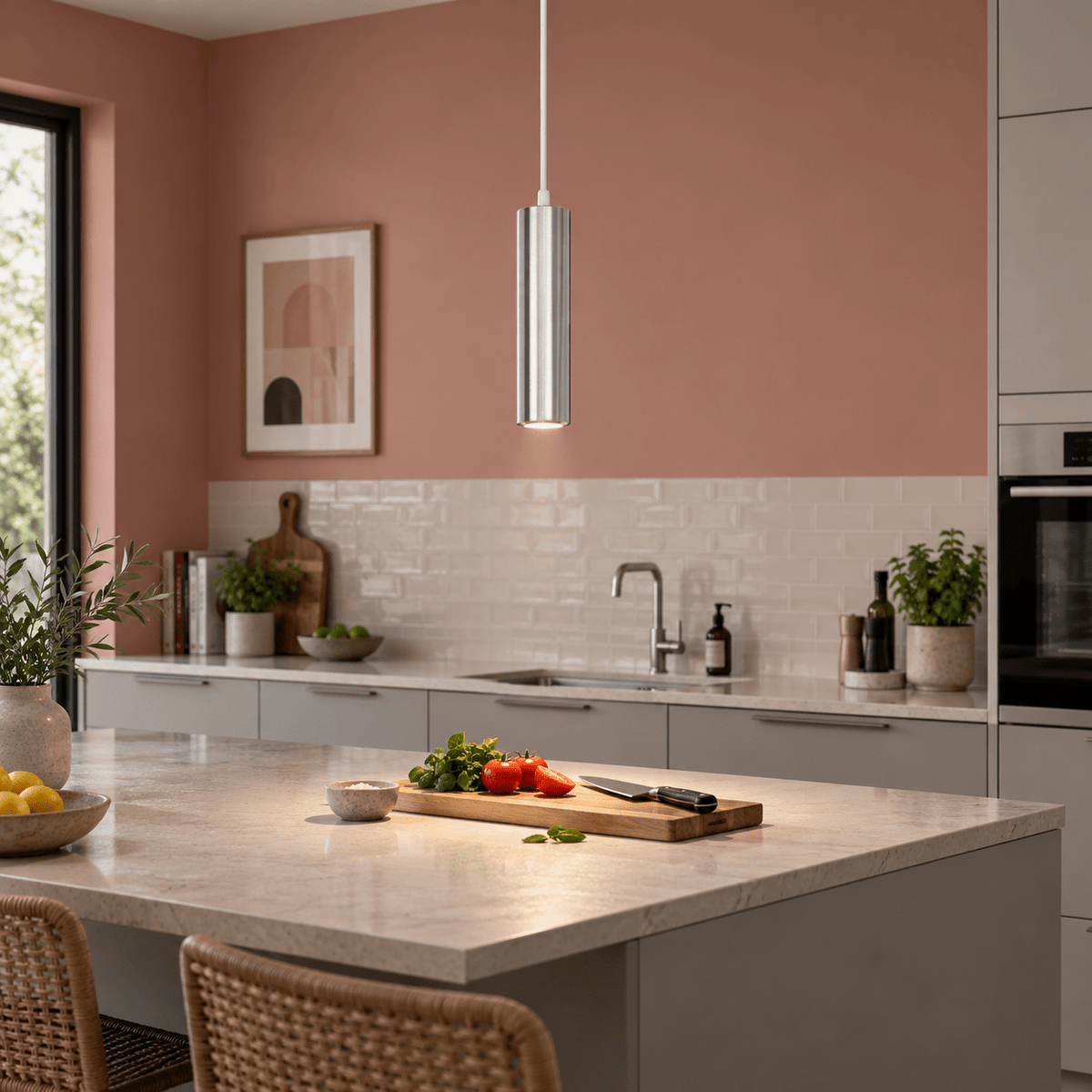Pinkie Satin Chrome Flute Pendant Light lifestyle image: Kitchen island task light in muted clay pink