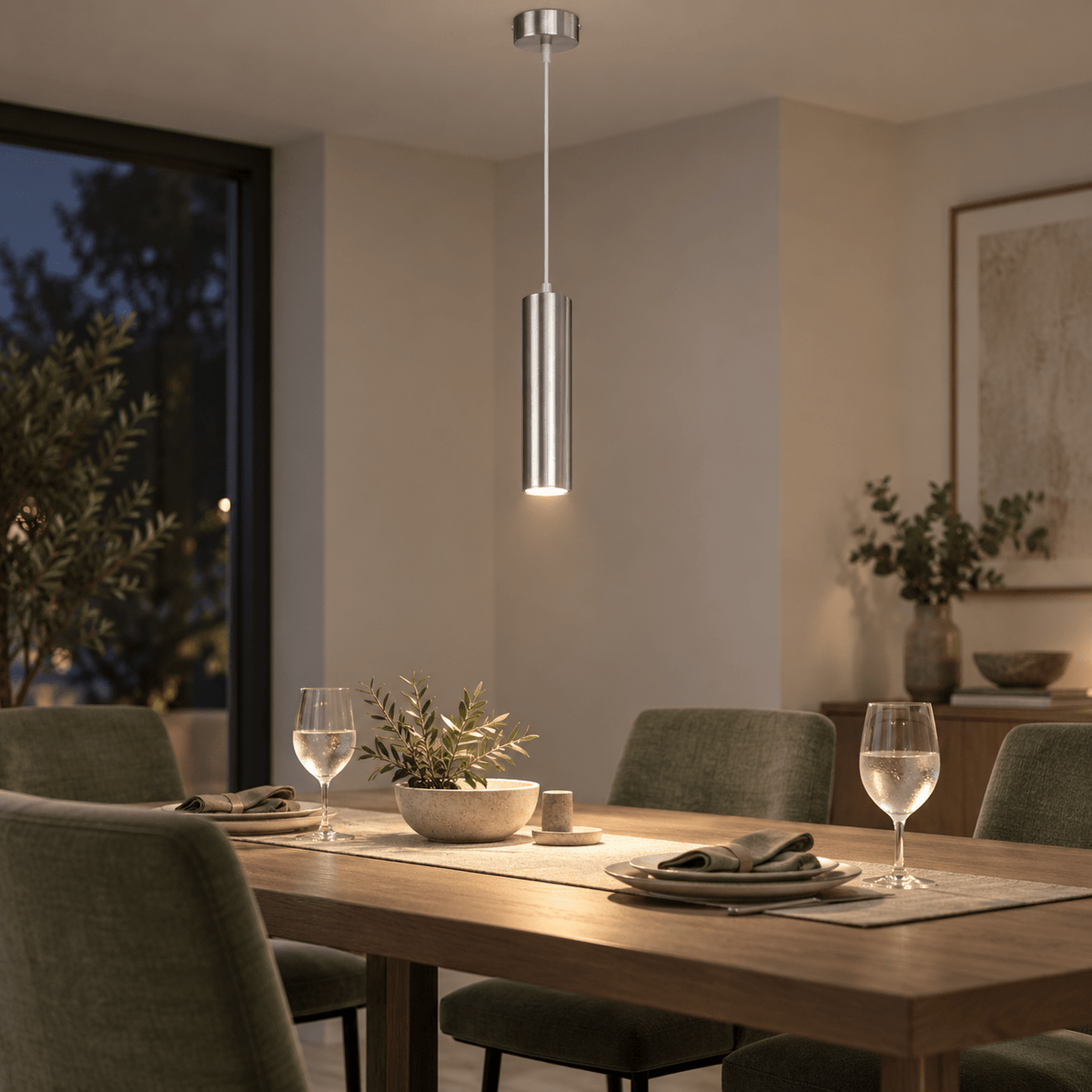 Pinkie Satin Chrome Flute Pendant Light lifestyle image: Dining table pendant feature with sage upholstery
