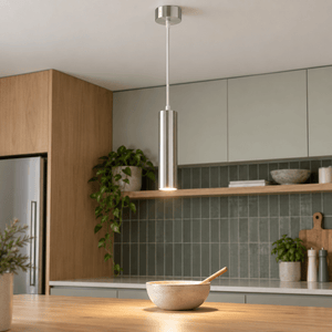 Pinkie Satin Chrome Flute Pendant Light lifestyle image: Closer ceiling detail showing the cup and cord entry