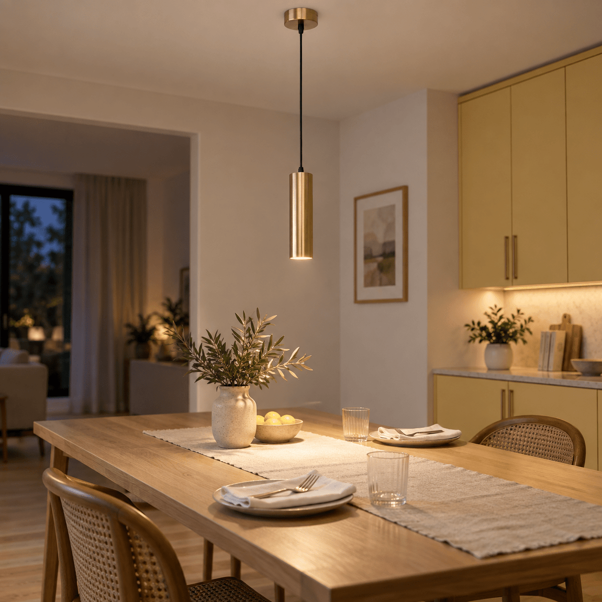 Pinkie Satin Brass Flute Pendant Light lifestyle: Over a muted butter dining table