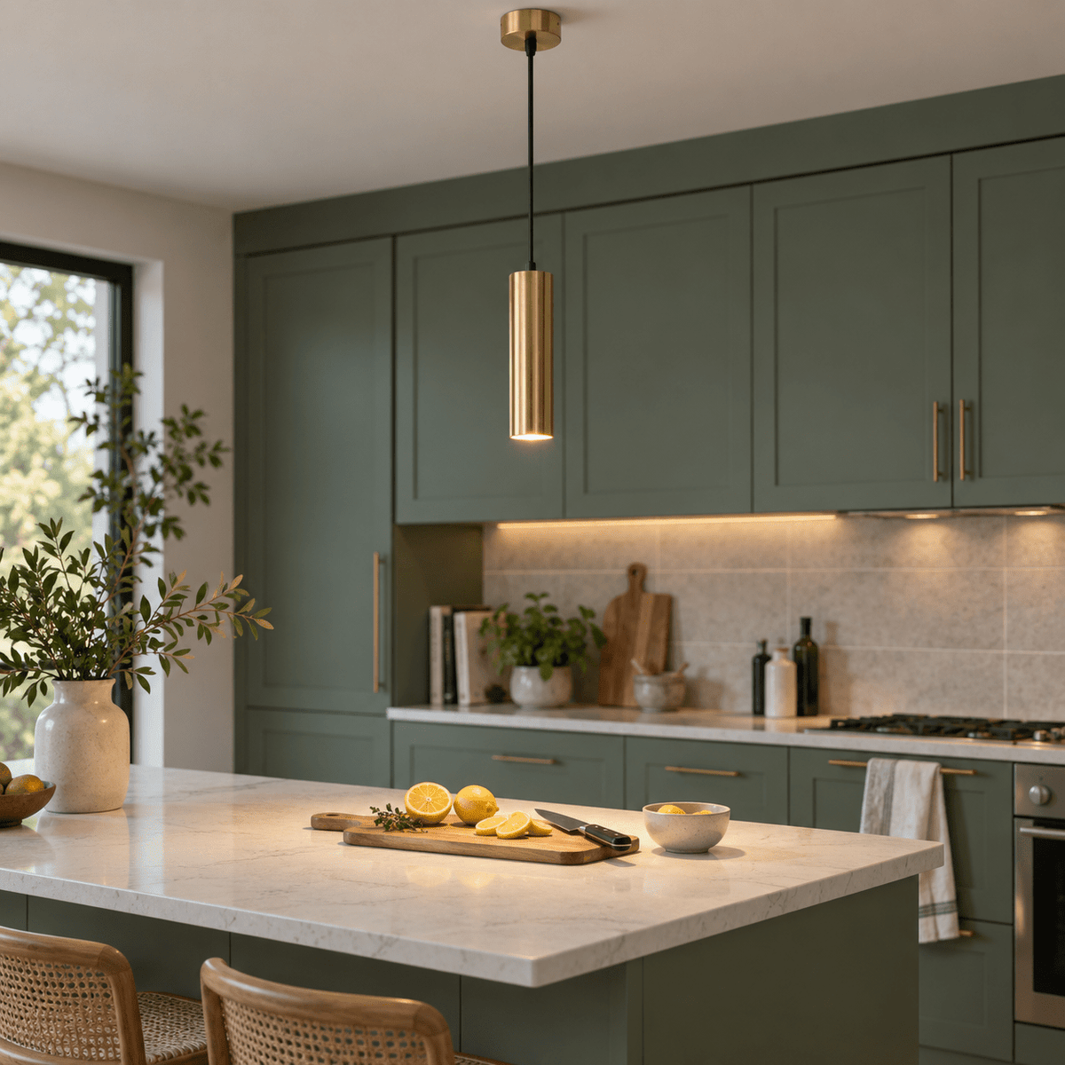 Pinkie Satin Brass Flute Pendant Light lifestyle: Kitchen island work light, muted mineral green