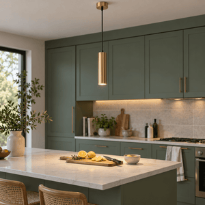 Pinkie Satin Brass Flute Pendant Light lifestyle: Kitchen island work light, muted mineral green