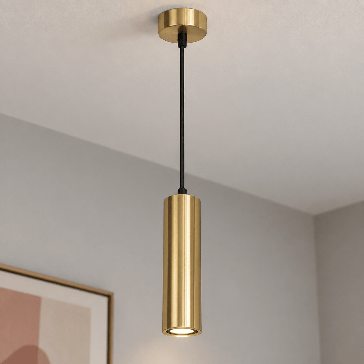 Pinkie Satin Brass Flute Pendant Light lifestyle: Close view of pendant flute + ceiling cup junction