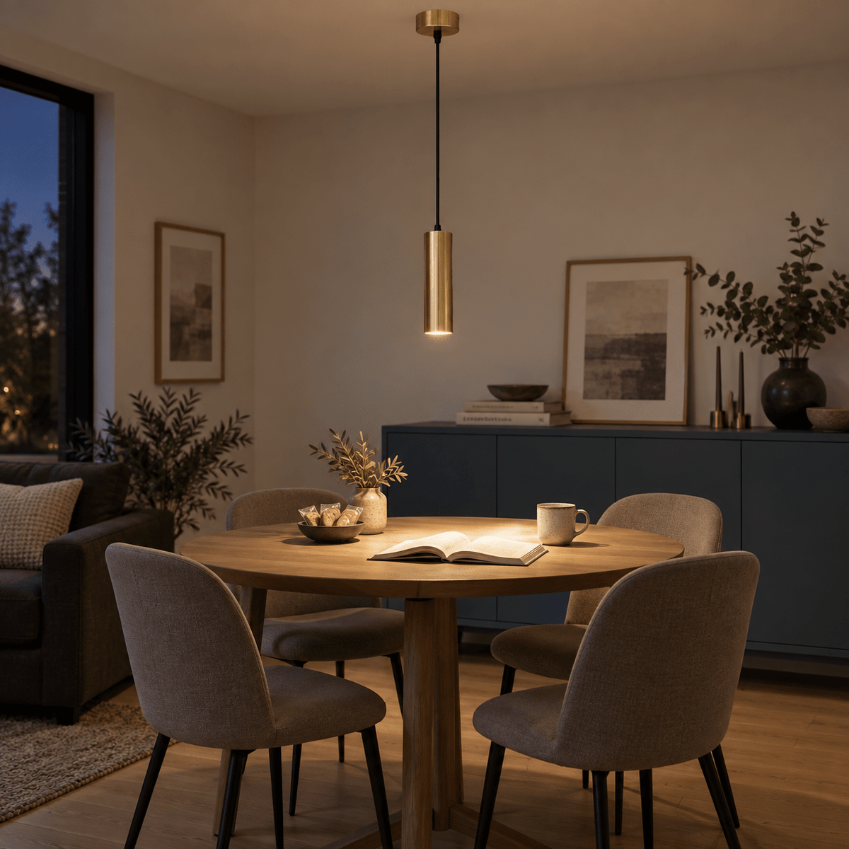 Pinkie Satin Brass Flute Pendant Light lifestyle: Warm evening lounge, near a muted slate sideboard