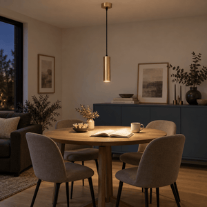 Pinkie Satin Brass Flute Pendant Light lifestyle: Warm evening lounge, near a muted slate sideboard
