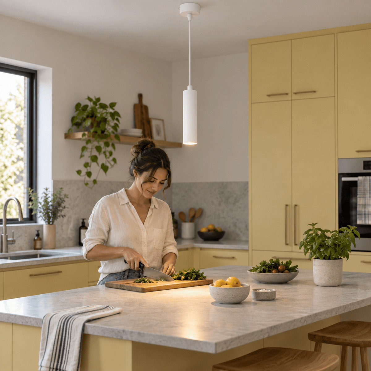 Pinkie White Flute Pendant Light lifestyle: Kitchen island prep light, morning daylight