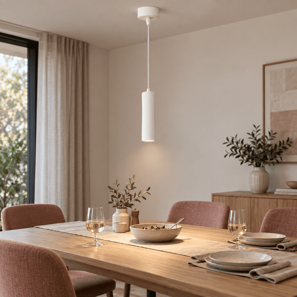 Pinkie White Flute Pendant Light lifestyle: Dining table pendant focal point, late afternoon neutral interior