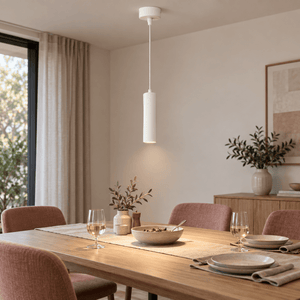 Pinkie White Flute Pendant Light lifestyle: Dining table pendant focal point, late afternoon neutral interior