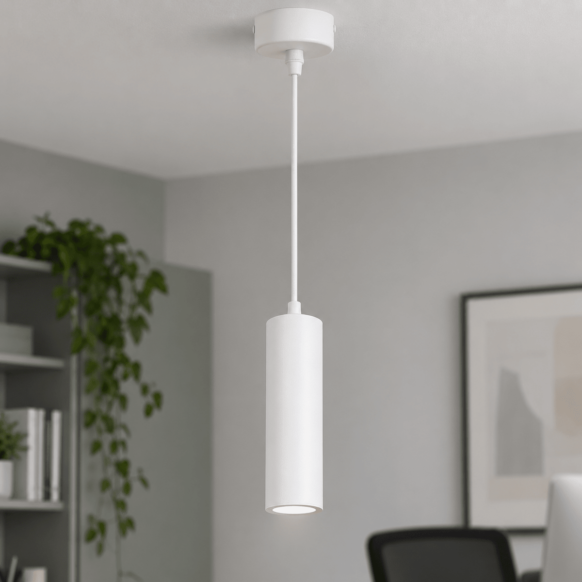 Pinkie White Flute Pendant Light lifestyle: Ceiling detail: pendant cup and cord connection (table out of frame)