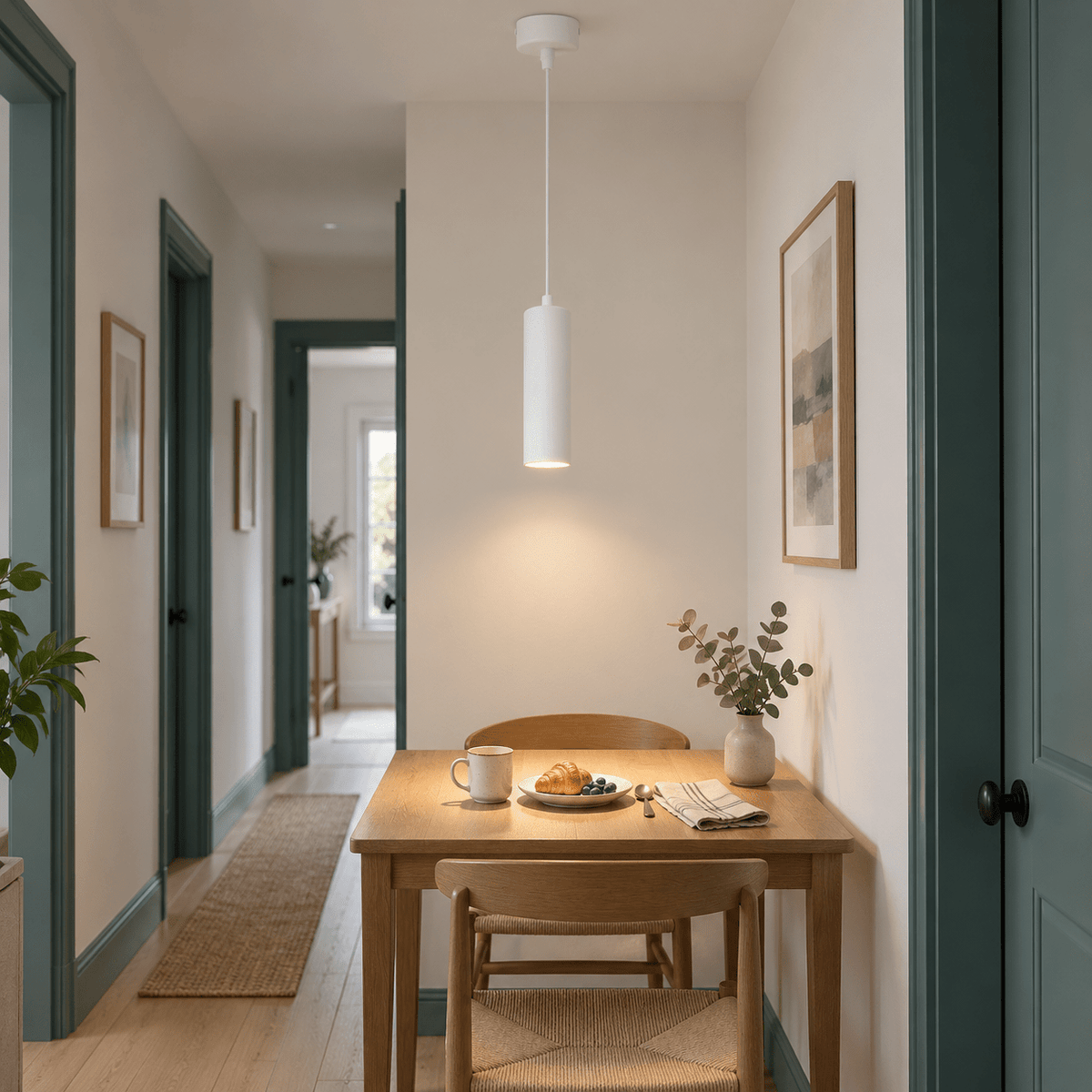 Pinkie White Flute Pendant Light lifestyle: Longer view in a hallway dining nook: pendant over small table