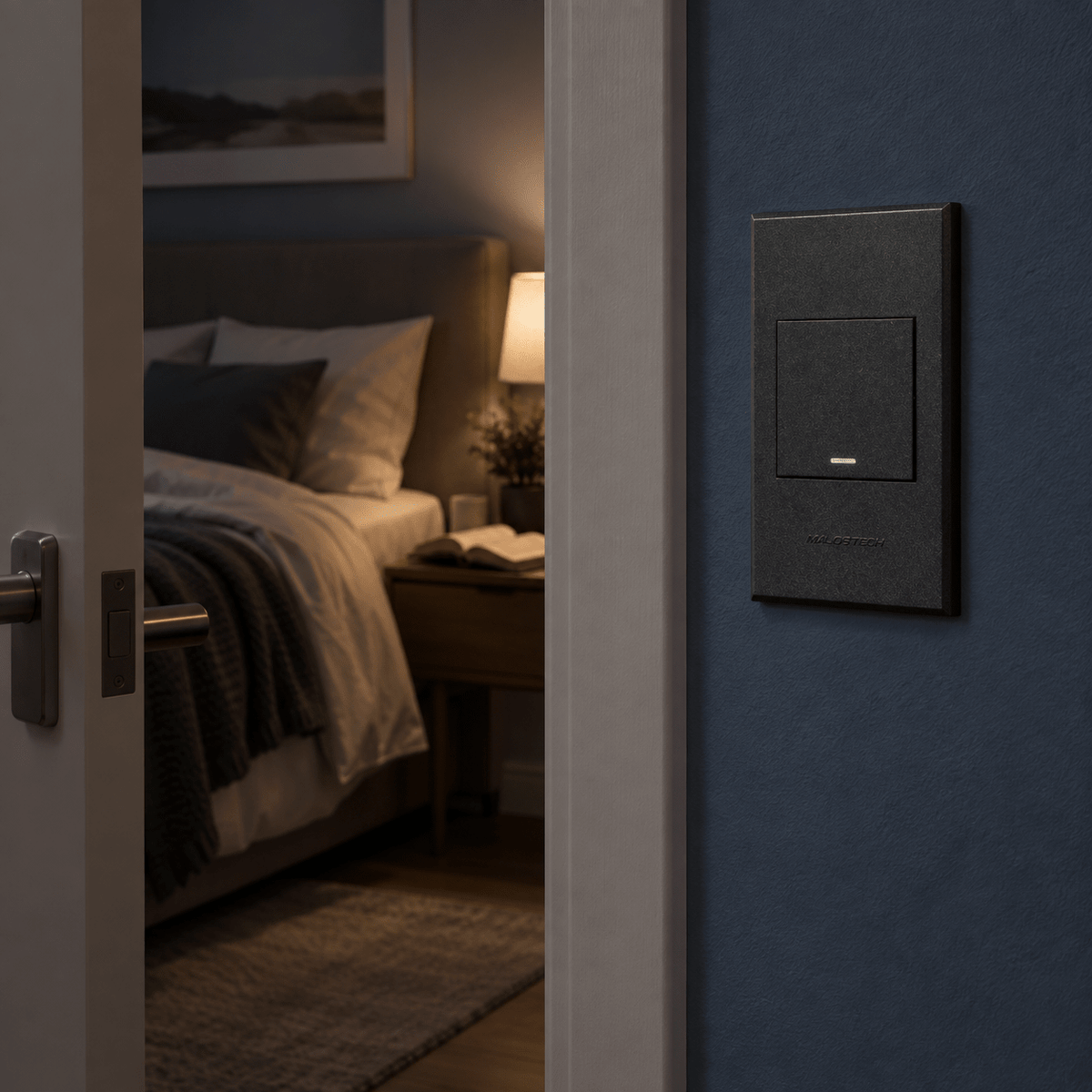 Veti 3 - One Lever, One Way Light Switch - Graphite / Graphite lifestyle image: Bedroom door entry, locator glow at night