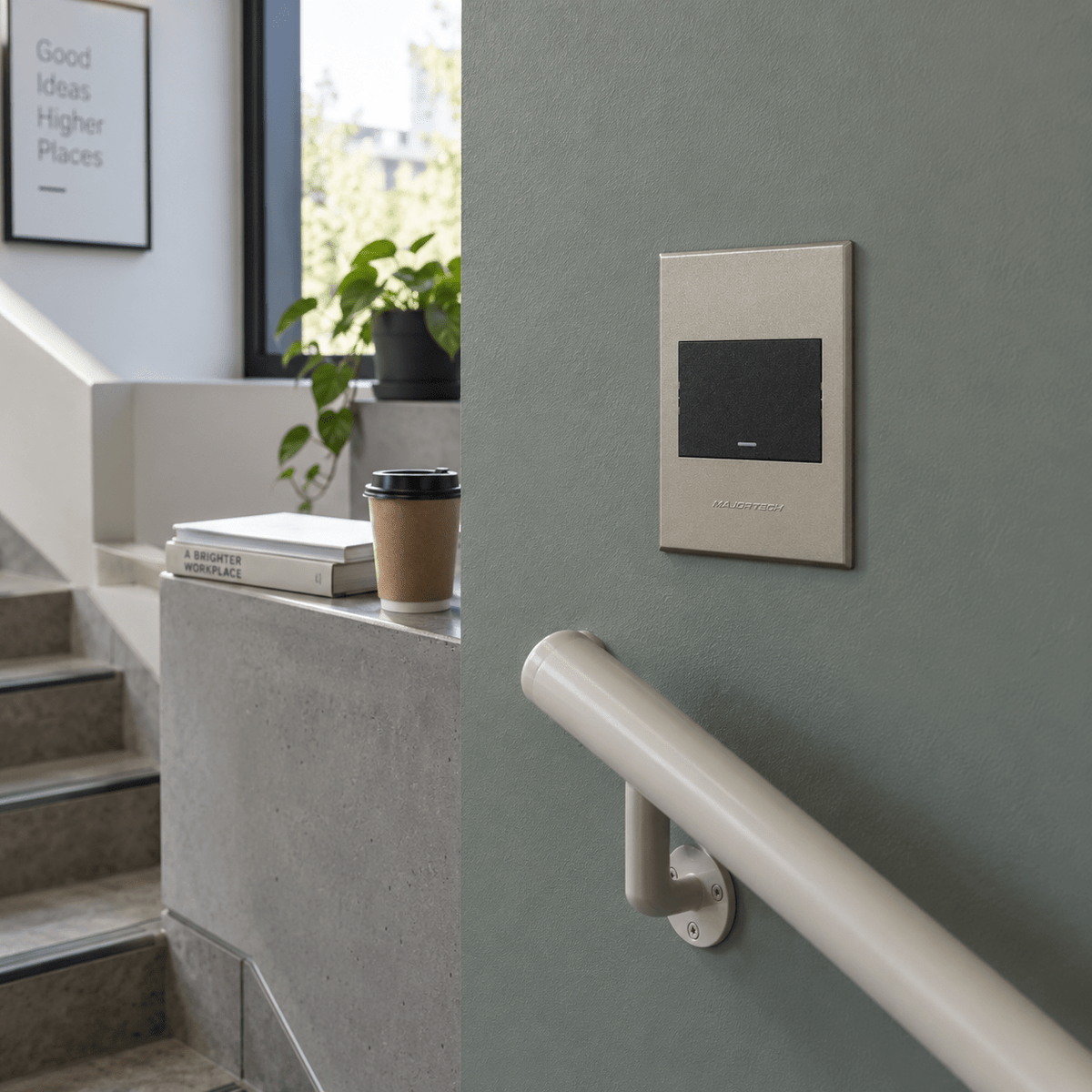 Veti 3 - One Lever, Two Way Light Switch - Graphite / Titanium lifestyle image: Stairwell control wall, muted grey workspace wall