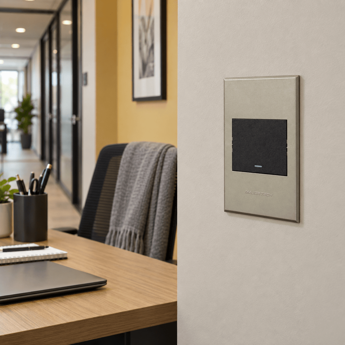 Veti 3 - One Lever, Two Way Light Switch - Graphite / Titanium lifestyle image: Office corridor desk area, clean utility wall and locator visibility