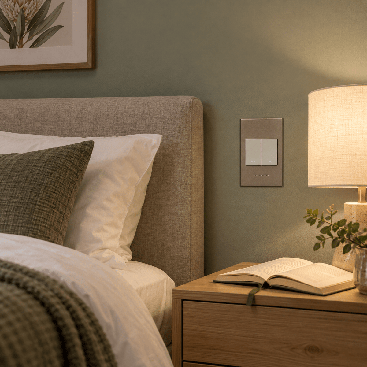 Veti 3 - Two Lever, One Way Light Switch - Titanium / Bronze lifestyle: Bedroom nightstand control beside muted sage wall