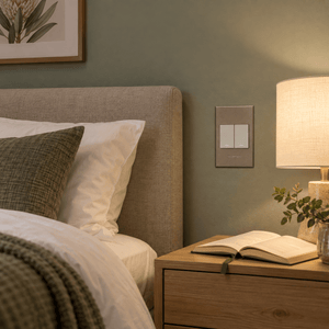 Veti 3 - Two Lever, One Way Light Switch - Titanium / Bronze lifestyle: Bedroom nightstand control beside muted sage wall