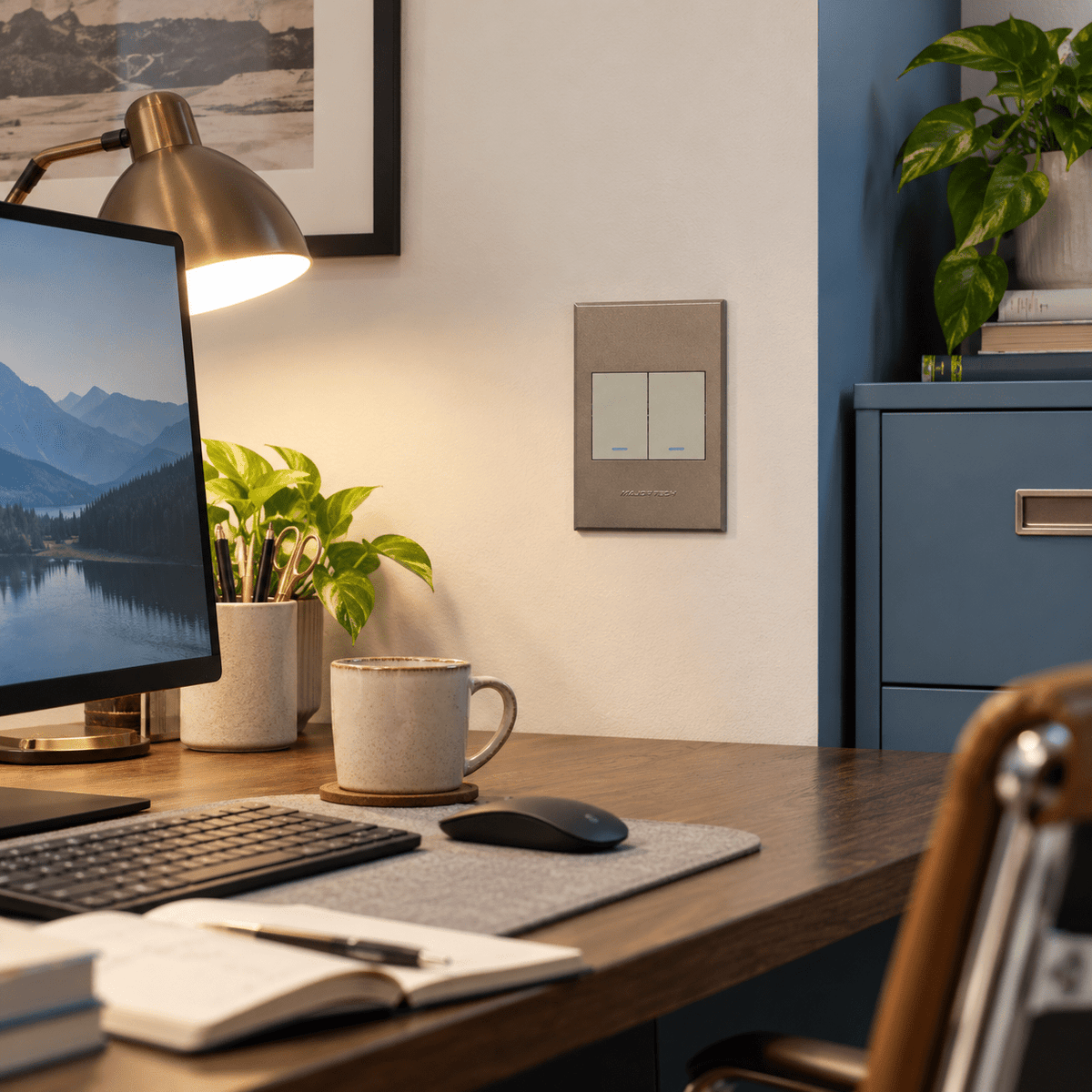 Veti 3 - Two Lever, One Way Light Switch - Titanium / Bronze lifestyle: Home office desk wall switch by a muted blue filing cabinet