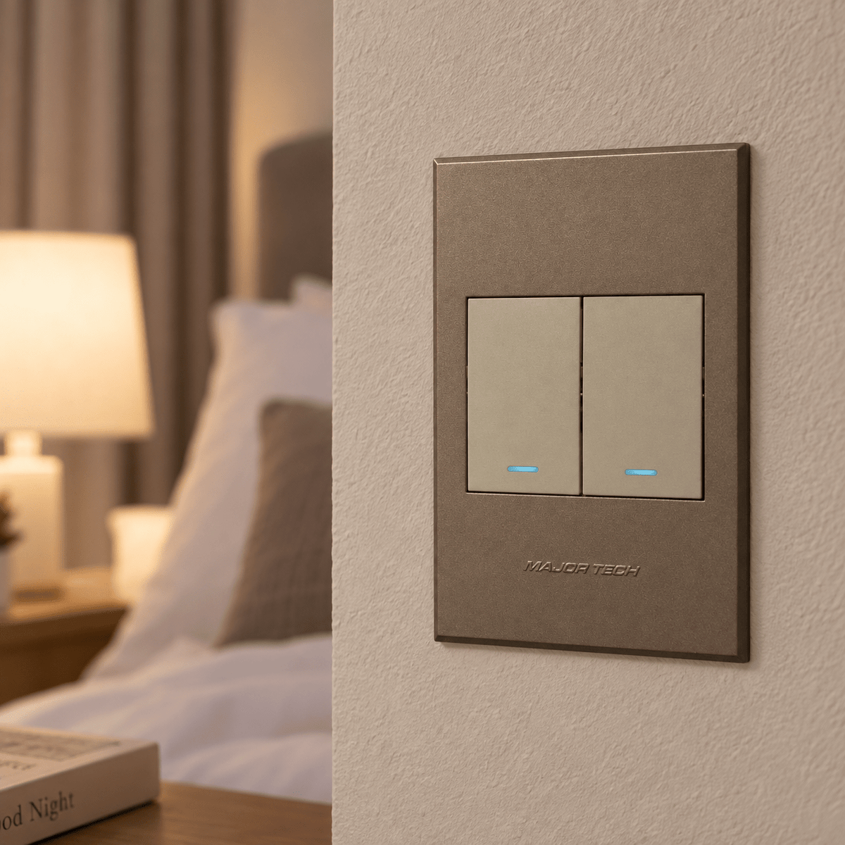 Veti 3 - Two Lever, One Way Light Switch - Titanium / Bronze lifestyle: Bedroom close-up of the flush switch face with locator glow