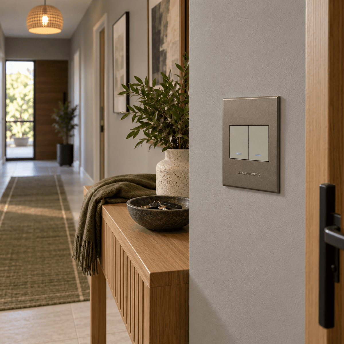 Veti 3 - Two Lever, One Way Light Switch - Titanium / Bronze lifestyle: Hallway near entry console with warm natural daylight and locator glow