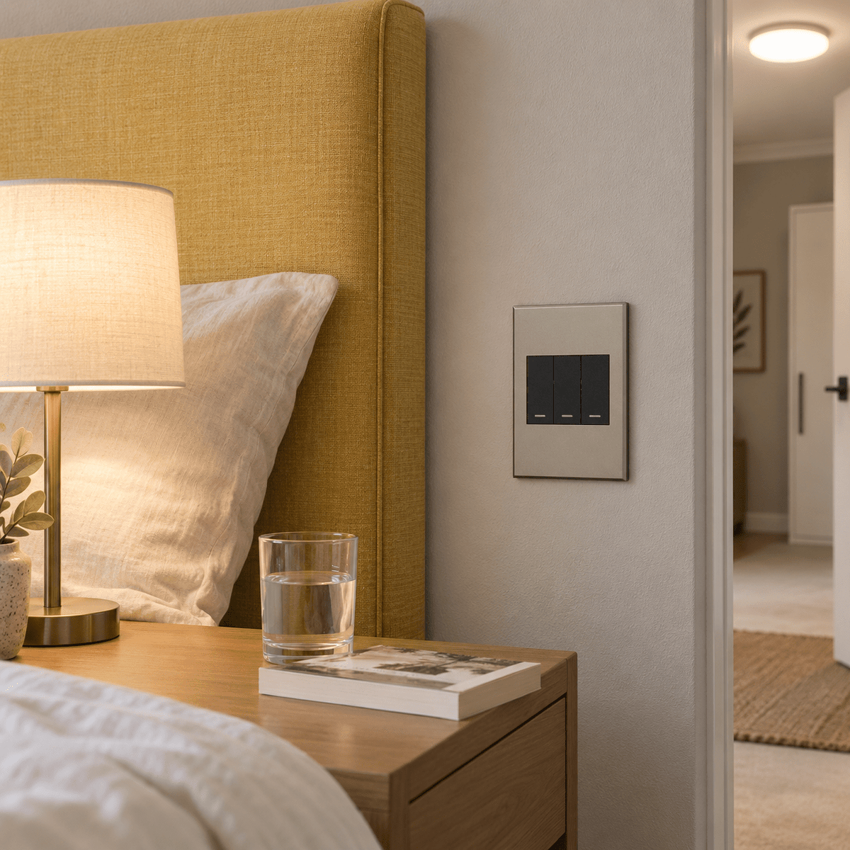 Veti 3 - Three Lever, Two Way Light Switch - Graphite / Titanium lifestyle: Bedroom switch by the bedside