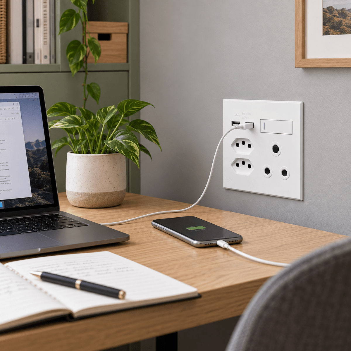 Veti 3 - 4 x 4 USB, Double V-Slim, Single RSA Sockets - White / White lifestyle: Home office desk power wall corner (flush, clean)