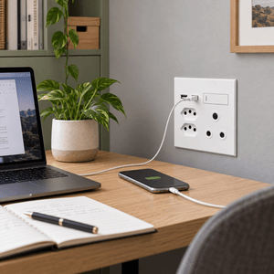 Veti 3 - 4 x 4 USB, Double V-Slim, Single RSA Sockets - White / White lifestyle: Home office desk power wall corner (flush, clean)