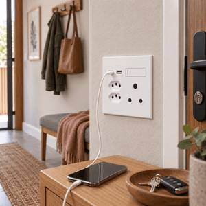 Veti 3 - 4 x 4 USB, Double V-Slim, Single RSA Sockets - White / White lifestyle: Hallway utility wall by doorway (simple, functional placement)