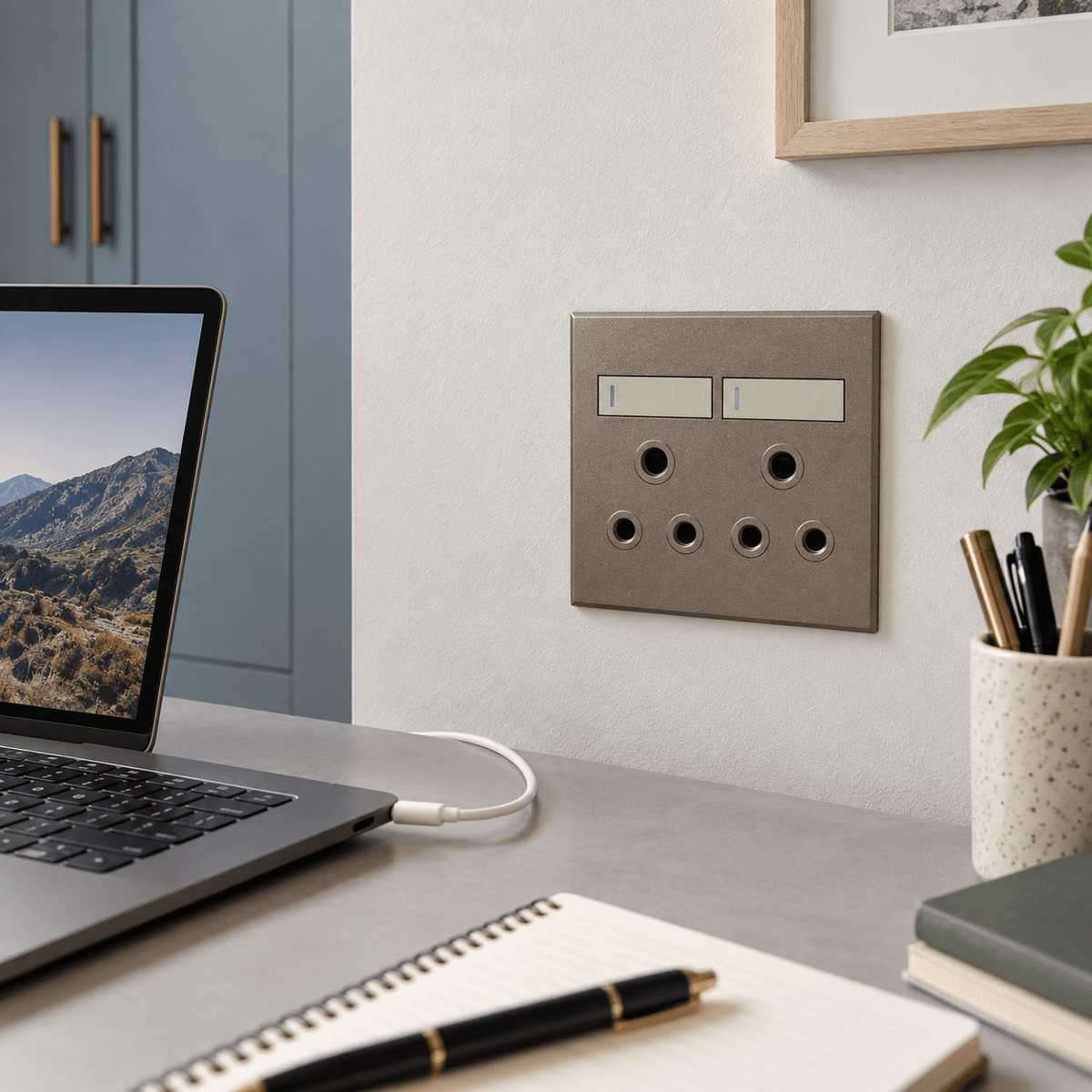 Veti 3 - 4 x 4 Double RSA Sockets - Titanium / Bronze lifestyle: Home office desk power point close-to-wall