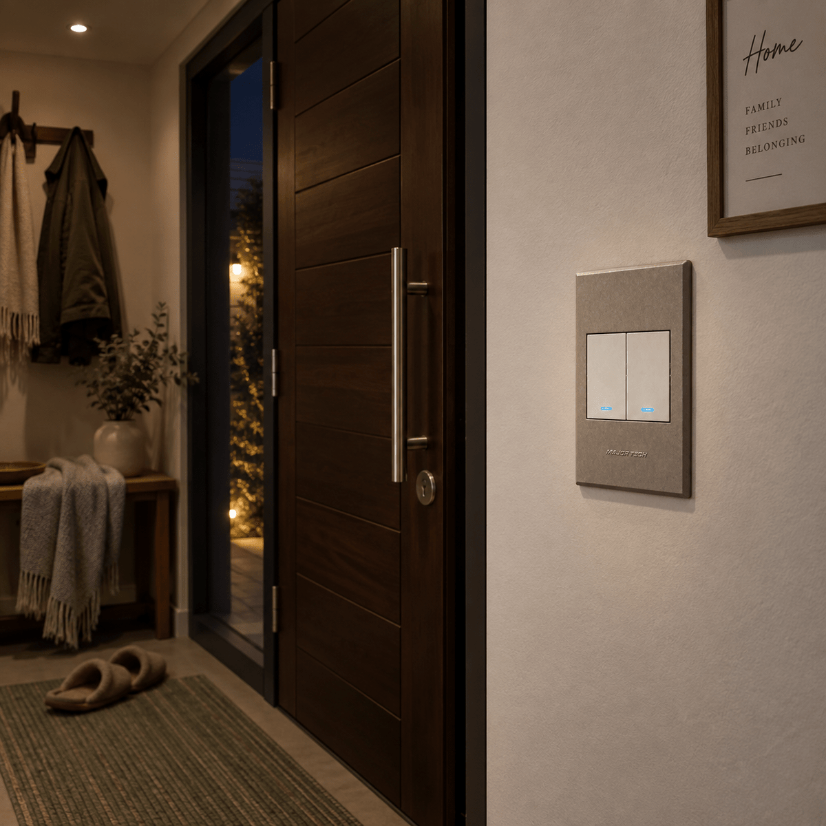 Veti 3 - Two Lever Bell Press - Titanium / Bronze lifestyle image: After-hours home entry with two-lever bell press