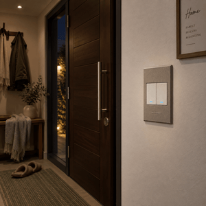 Veti 3 - Two Lever Bell Press - Titanium / Bronze lifestyle image: After-hours home entry with two-lever bell press