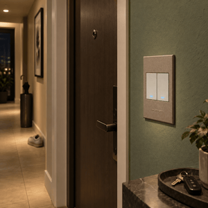 Veti 3 - Two Lever Bell Press - Titanium / Bronze lifestyle image: Night-time apartment lobby corridor with locator-assisted bell press