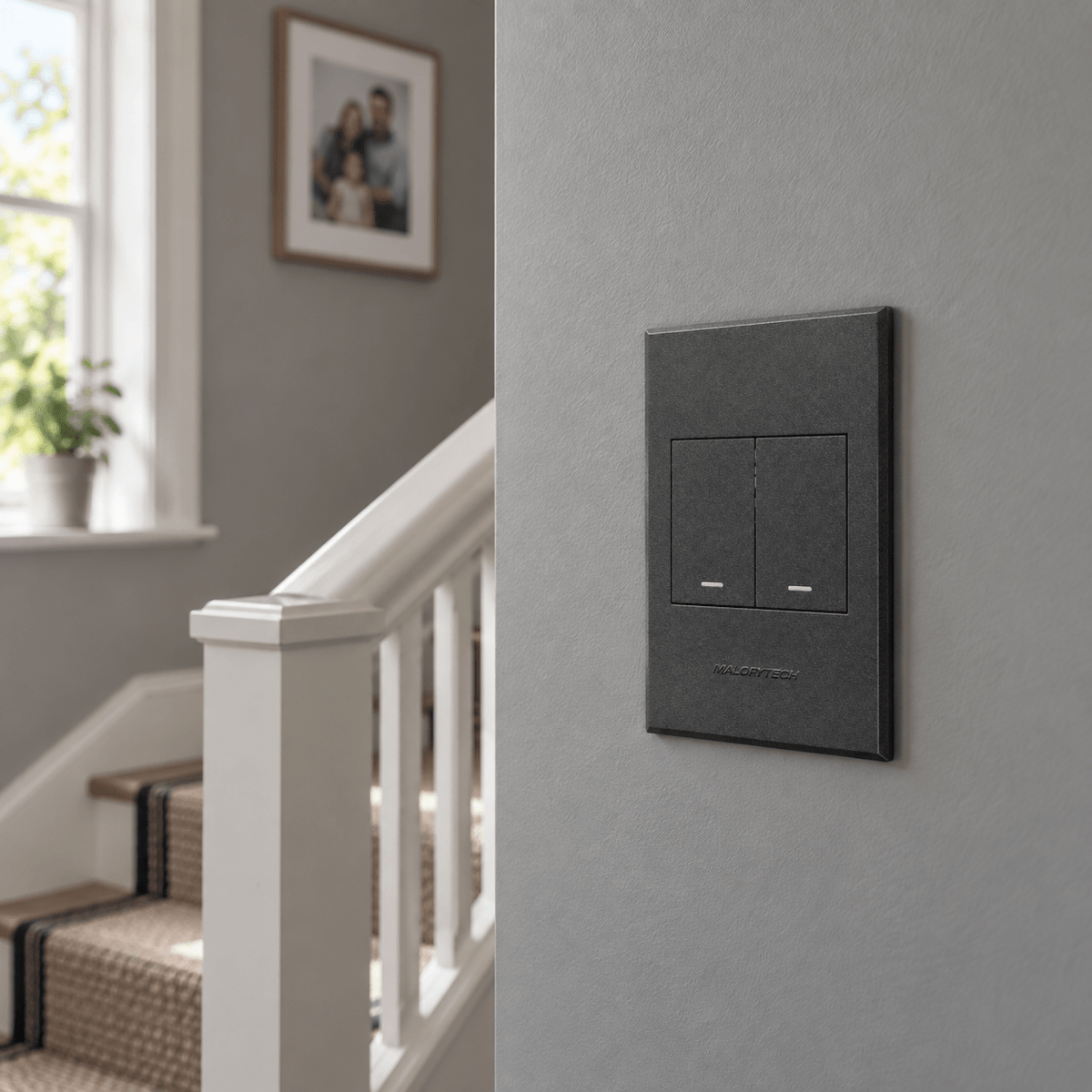 Veti 3 - Two Lever - 1 x Bell Press & 1 x Two Way Light Switch - Graphite / Graphite lifestyle image: Graphite two-way switch by a stair landing