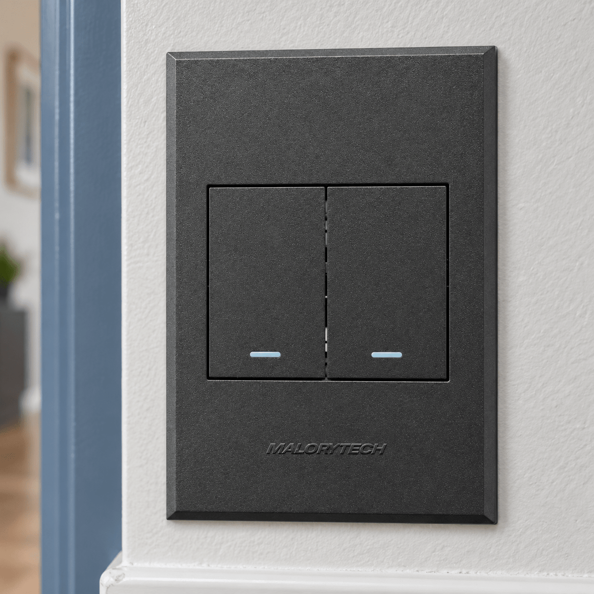 Veti 3 - Two Lever - 1 x Bell Press & 1 x Two Way Light Switch - Graphite / Graphite lifestyle image: Tight detail of the flush switch face in a hallway